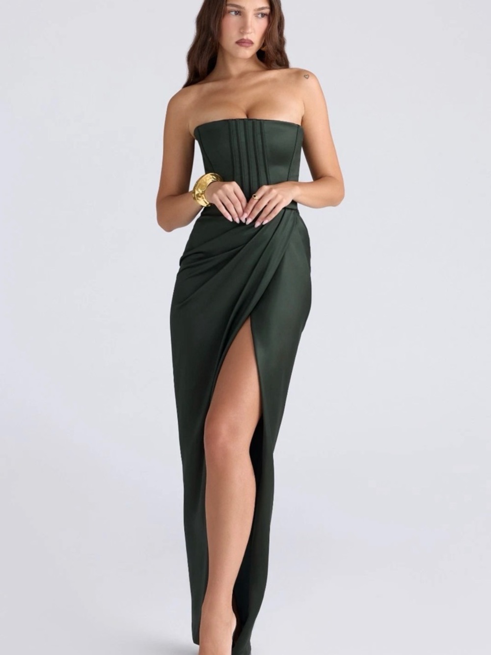 House of CB “Carelle” Strapless Dark Green Draped Midi Dress with Thigh Slit